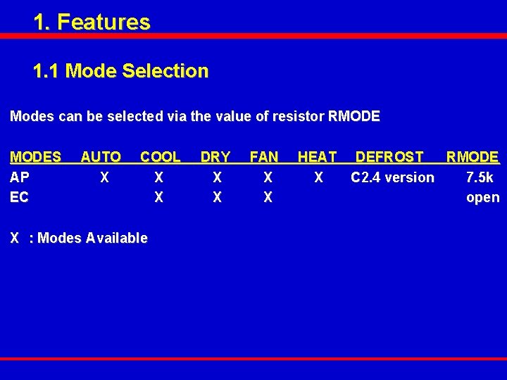 1. Features 1. 1 Mode Selection Modes can be selected via the value of