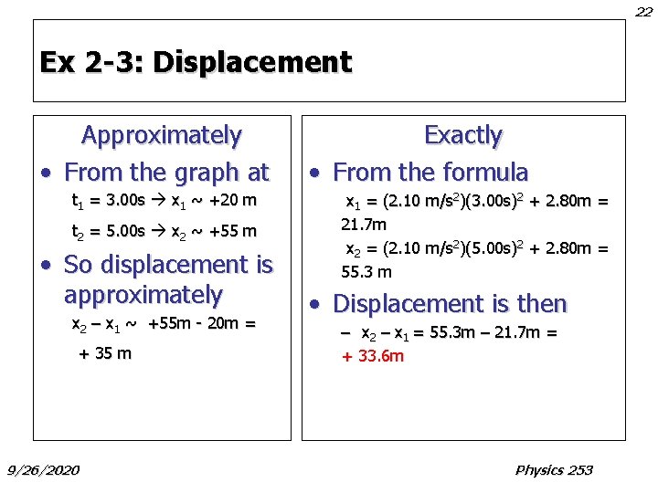 22 Ex 2 -3: Displacement Approximately • From the graph at t 1 =