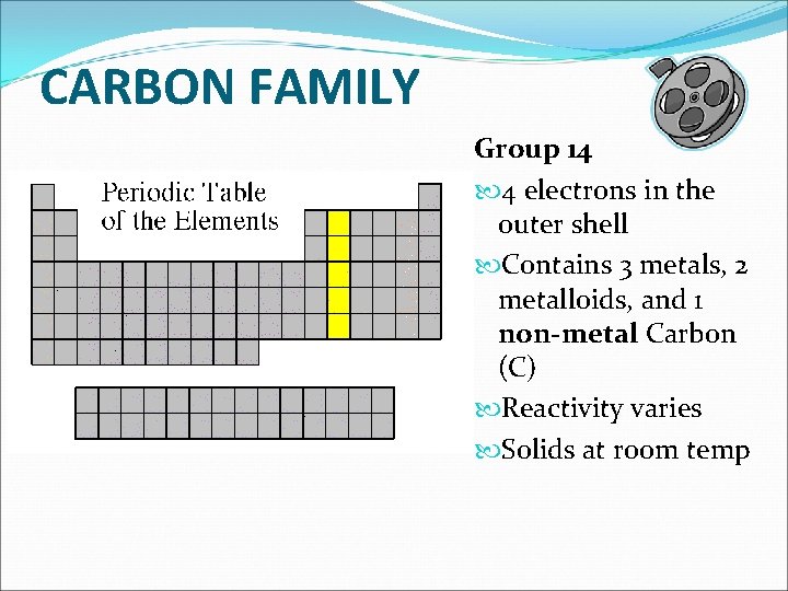 CARBON FAMILY Group 14 4 electrons in the outer shell Contains 3 metals, 2