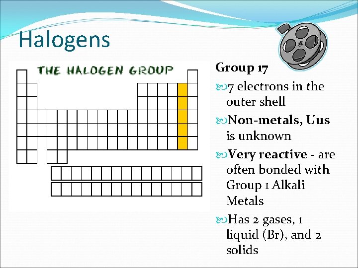 Halogens Group 17 7 electrons in the outer shell Non-metals, Uus is unknown Very