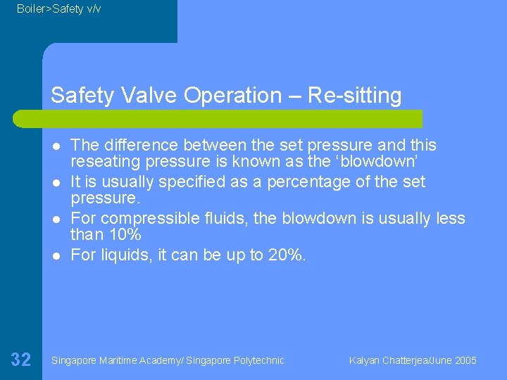 Boiler>Safety v/v Safety Valve Operation – Re-sitting l l 32 The difference between the