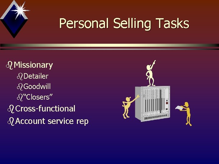 Personal Selling Tasks b. Missionary b. Detailer b. Goodwill b“Closers” b. Cross-functional b. Account