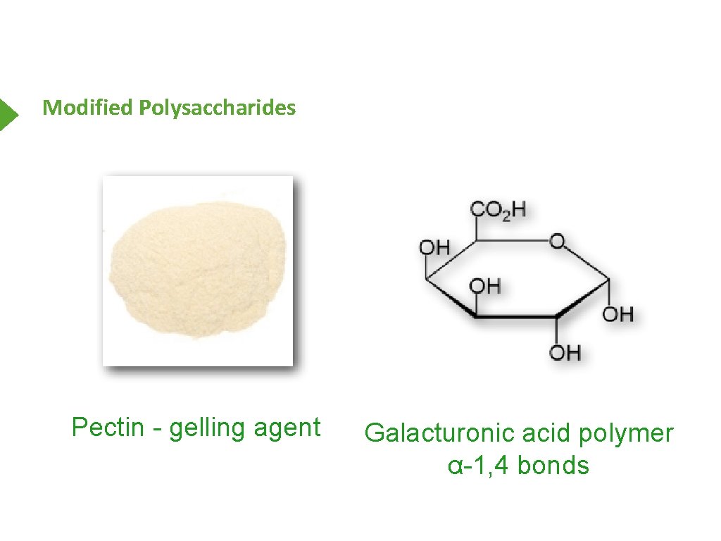 Modified Polysaccharides Pectin - gelling agent Galacturonic acid polymer α-1, 4 bonds 