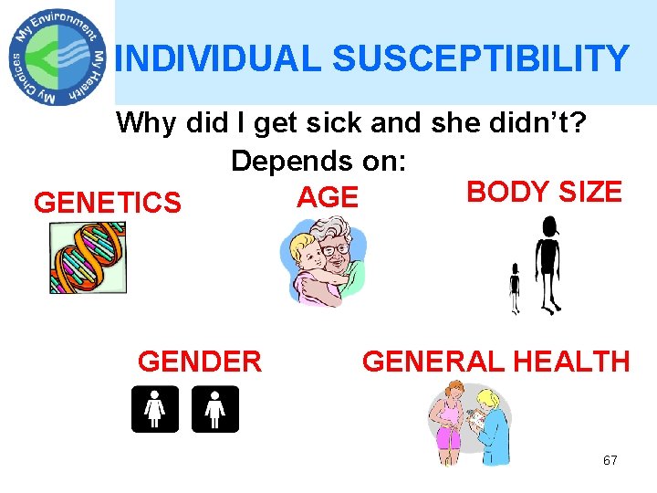 INDIVIDUAL SUSCEPTIBILITY Why did I get sick and she didn’t? Depends on: BODY SIZE