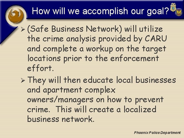How will we accomplish our goal? Ø (Safe Business Network) will utilize the crime