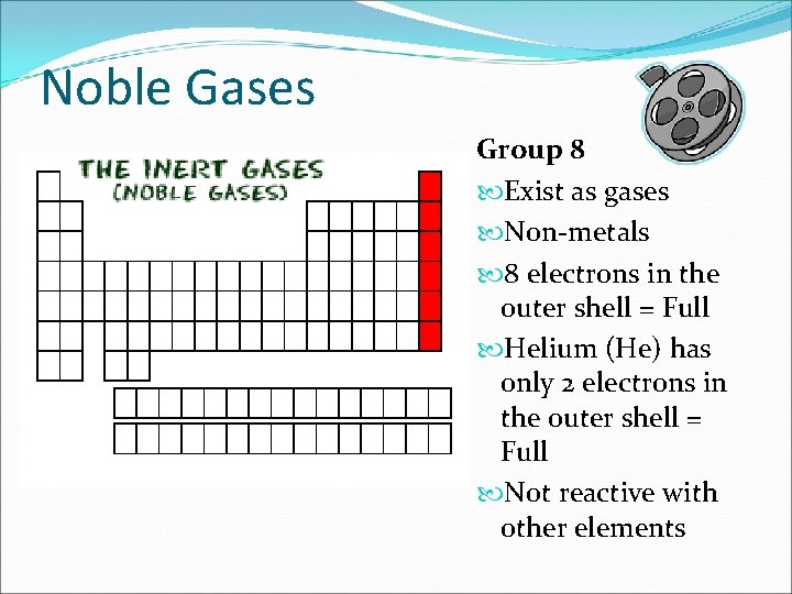 Noble Gases Group 8 Exist as gases Non-metals 8 electrons in the outer shell