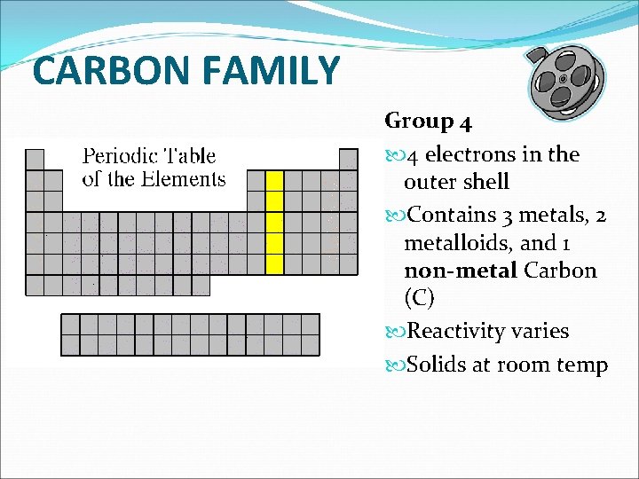 CARBON FAMILY Group 4 4 electrons in the outer shell Contains 3 metals, 2