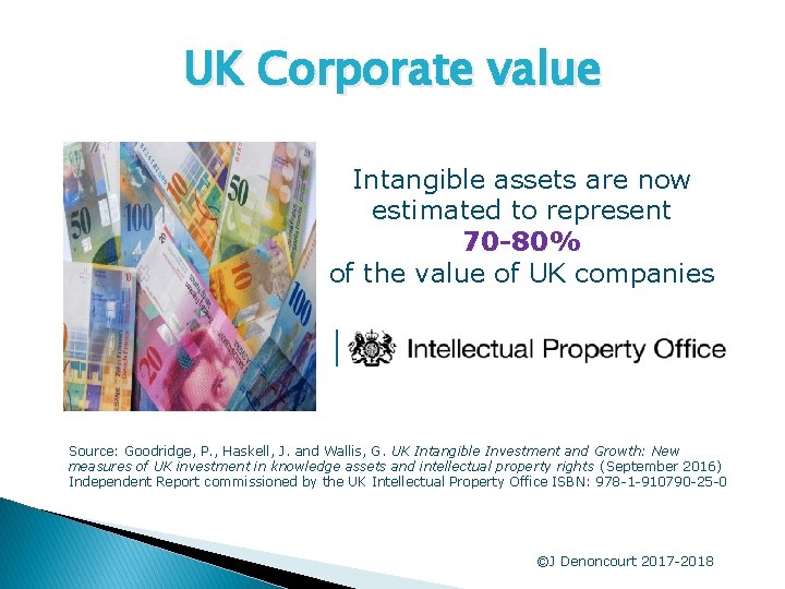 UK Corporate value Intangible assets are now estimated to represent 70 -80% of the