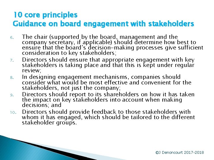 10 core principles Guidance on board engagement with stakeholders 6. 7. 8. 9. 10.