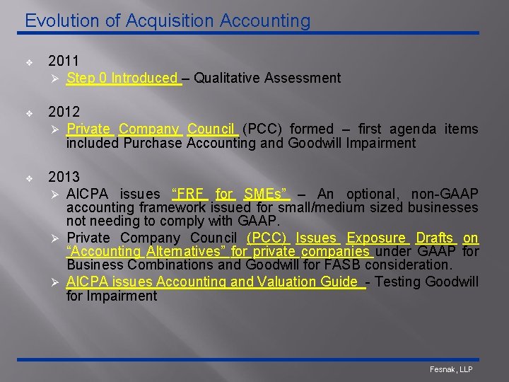 Evolution of Acquisition Accounting v 2011 Ø Step 0 Introduced – Qualitative Assessment v