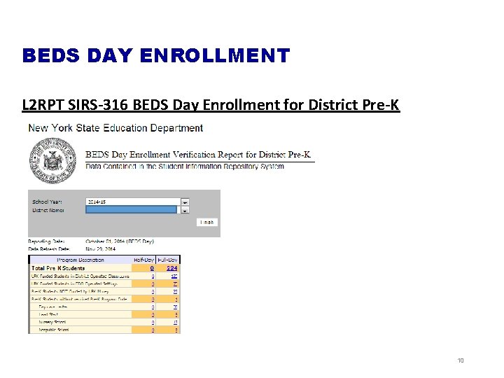 BEDS DAY ENROLLMENT L 2 RPT SIRS-316 BEDS Day Enrollment for District Pre-K 10