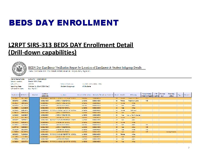 BEDS DAY ENROLLMENT L 2 RPT SIRS-313 BEDS DAY Enrollment Detail (Drill-down capabilities) 7