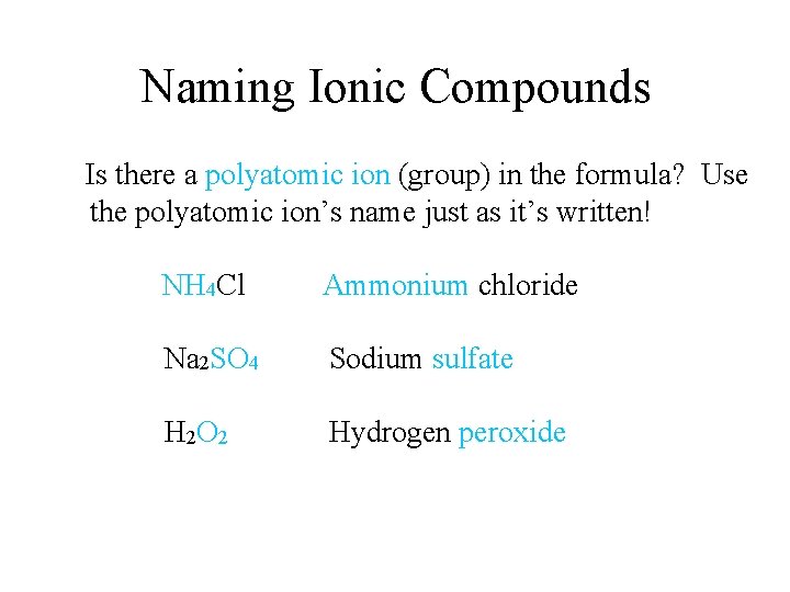 Naming Ionic Compounds Is there a polyatomic ion (group) in the formula? Use the Naming Ionic Compounds Is there a polyatomic ion (group) in the formula? Use the