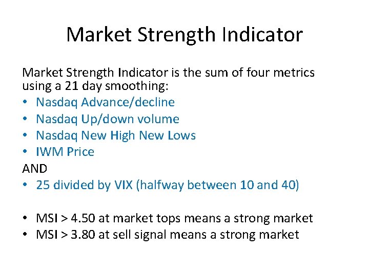 Market Strength Indicator is the sum of four metrics using a 21 day smoothing:
