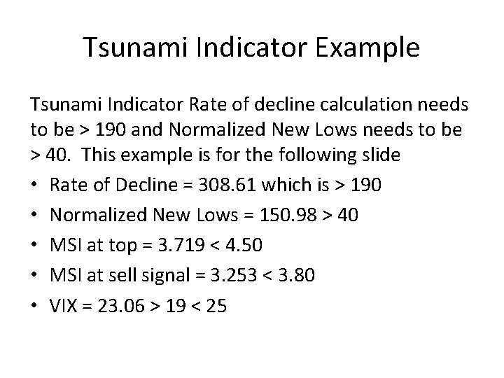 Tsunami Indicator Example Tsunami Indicator Rate of decline calculation needs to be > 190