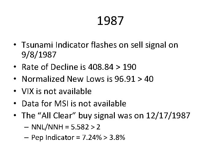 1987 • Tsunami Indicator flashes on sell signal on 9/8/1987 • Rate of Decline