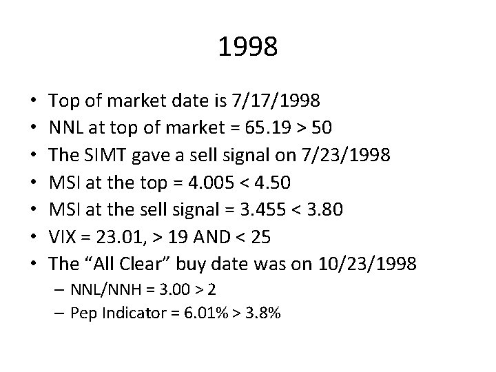 1998 • • Top of market date is 7/17/1998 NNL at top of market