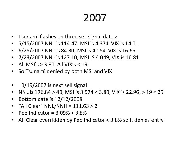 2007 • • • Tsunami flashes on three sell signal dates: 5/15/2007 NNL is
