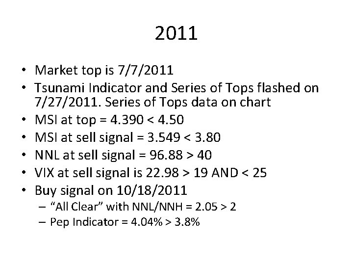 2011 • Market top is 7/7/2011 • Tsunami Indicator and Series of Tops flashed