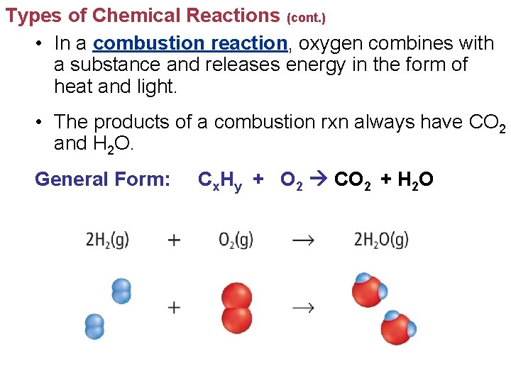 Types of Chemical Reactions (cont. ) • In a combustion reaction, oxygen combines with