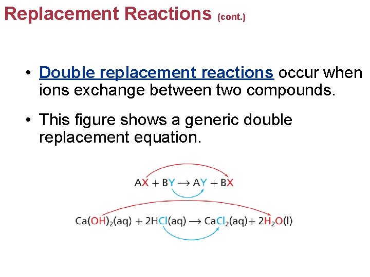 Replacement Reactions (cont. ) • Double replacement reactions occur when ions exchange between two