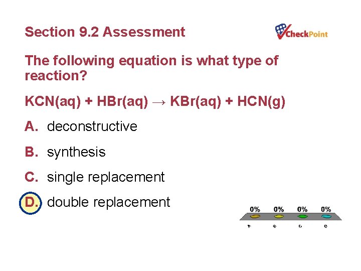 Section 9. 2 Assessment The following equation is what type of reaction? KCN(aq) +