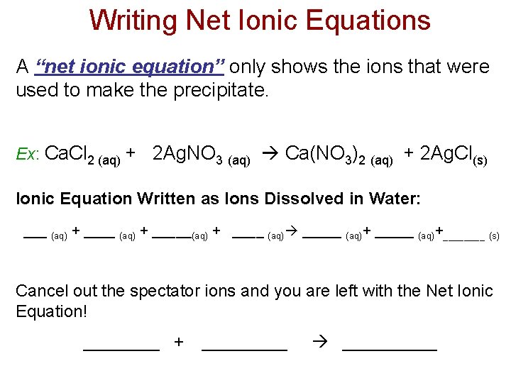 Writing Net Ionic Equations A “net ionic equation” only shows the ions that were