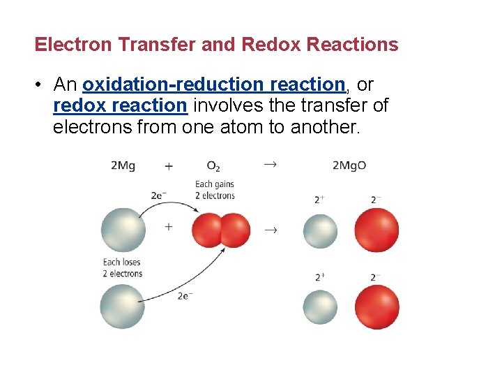 Electron Transfer and Redox Reactions • An oxidation-reduction reaction, or redox reaction involves the