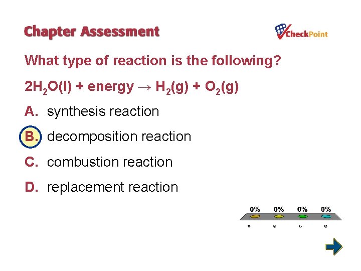 What type of reaction is the following? 2 H 2 O(l) + energy →
