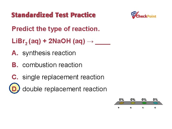 Predict the type of reaction. Li. Br 2 (aq) + 2 Na. OH (aq)