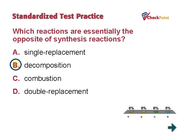 Which reactions are essentially the opposite of synthesis reactions? A. single-replacement B. decomposition C.
