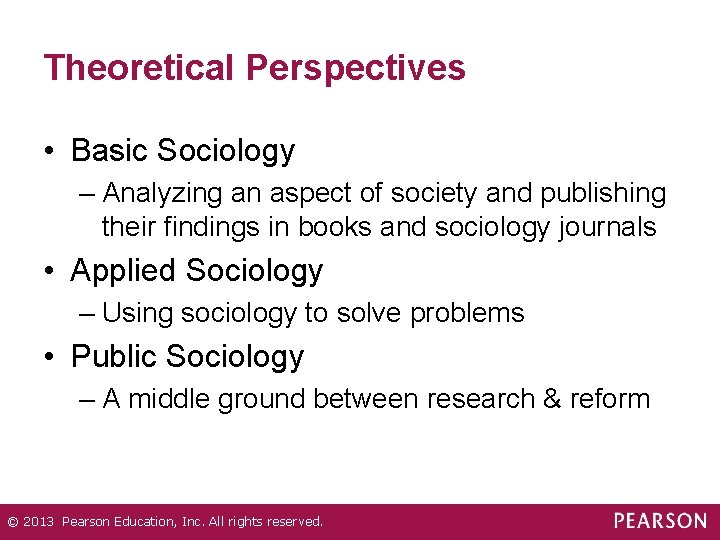 Theoretical Perspectives • Basic Sociology – Analyzing an aspect of society and publishing their