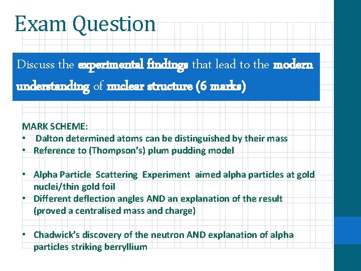 Exam Question Discuss the experimental findings that lead to the modern understanding of nuclear