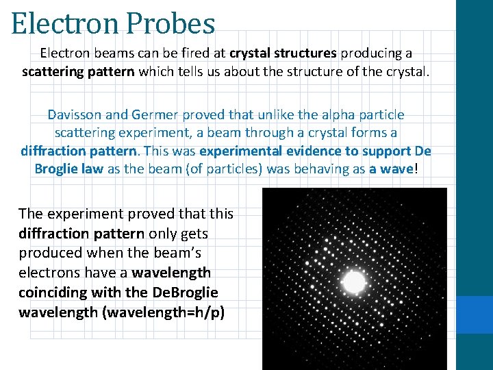 Electron Probes Electron beams can be fired at crystal structures producing a scattering pattern Electron Probes Electron beams can be fired at crystal structures producing a scattering pattern