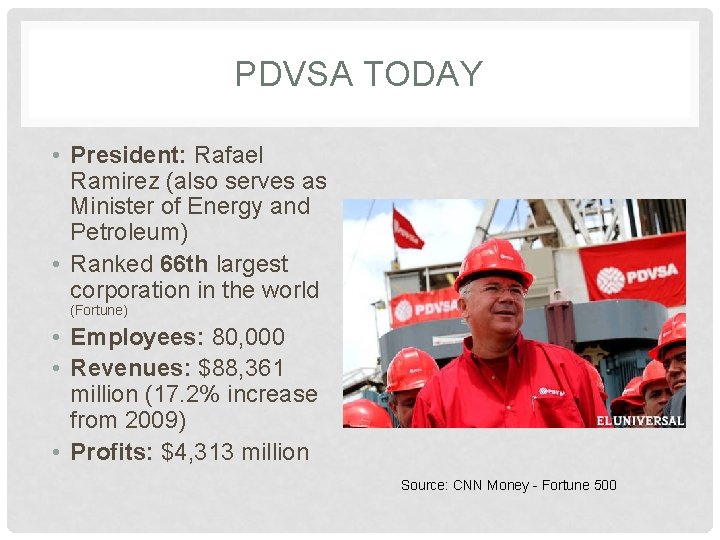 PDVSA TODAY • President: Rafael Ramirez (also serves as Minister of Energy and Petroleum)