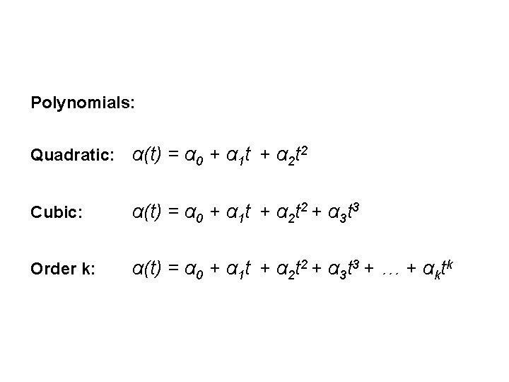 Polynomials: Quadratic: α(t) = α 0 + α 1 t + α 2 t