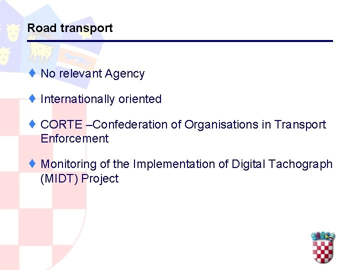 Road transport ¨ No relevant Agency ¨ Internationally oriented ¨ CORTE –Confederation of Organisations
