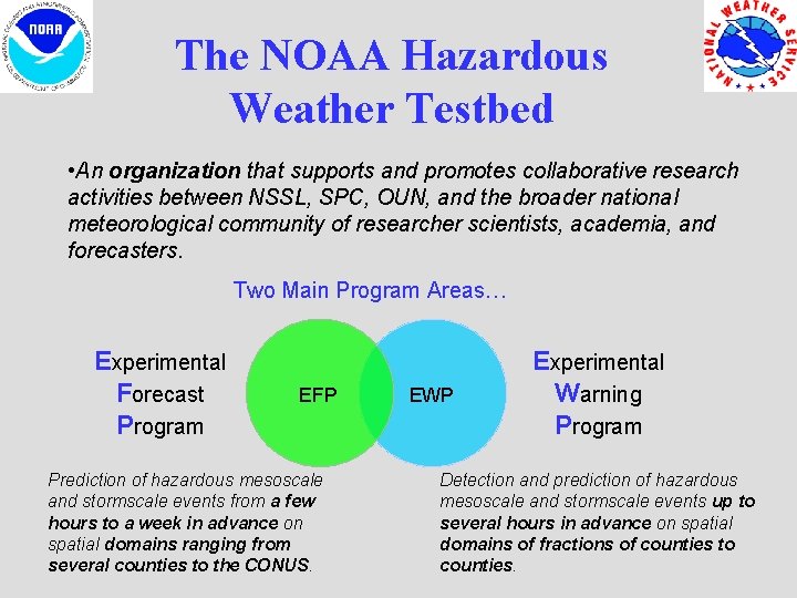The NOAA Hazardous Weather Testbed • An organization that supports and promotes collaborative research