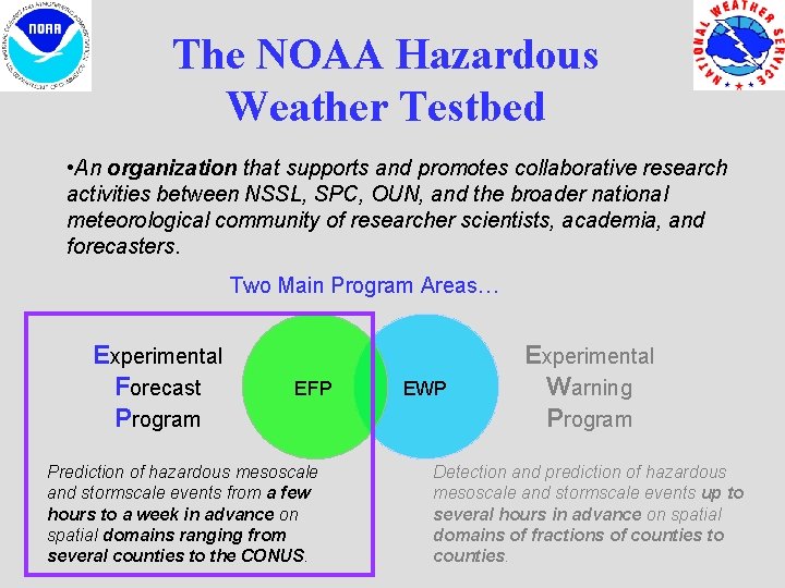 The NOAA Hazardous Weather Testbed • An organization that supports and promotes collaborative research