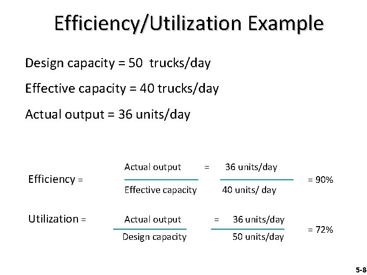 Efficiency/Utilization Example Design capacity = 50 trucks/day Effective capacity = 40 trucks/day Actual output