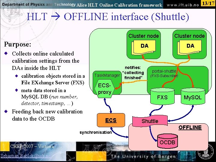 13/17 Alice HLT Online Calibration framework HLT OFFLINE interface (Shuttle) Purpose: Cluster node DA