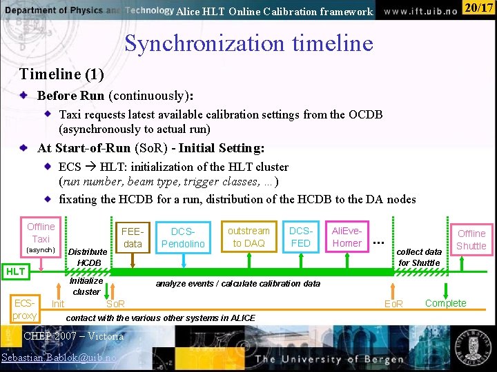 20/17 Alice HLT Online Calibration framework Synchronization timeline Timeline (1) Before Run (continuously): Normal