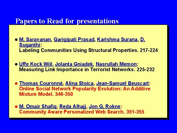 Papers to Read for presentations l M. Saravanan, Garigipati Prasad, Karishma Surana, D. Suganthi: