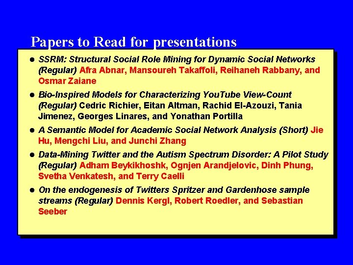 Papers to Read for presentations l SSRM: Structural Social Role Mining for Dynamic Social