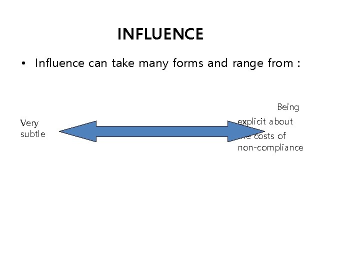 INFLUENCE • Influence can take many forms and range from : Being Very subtle