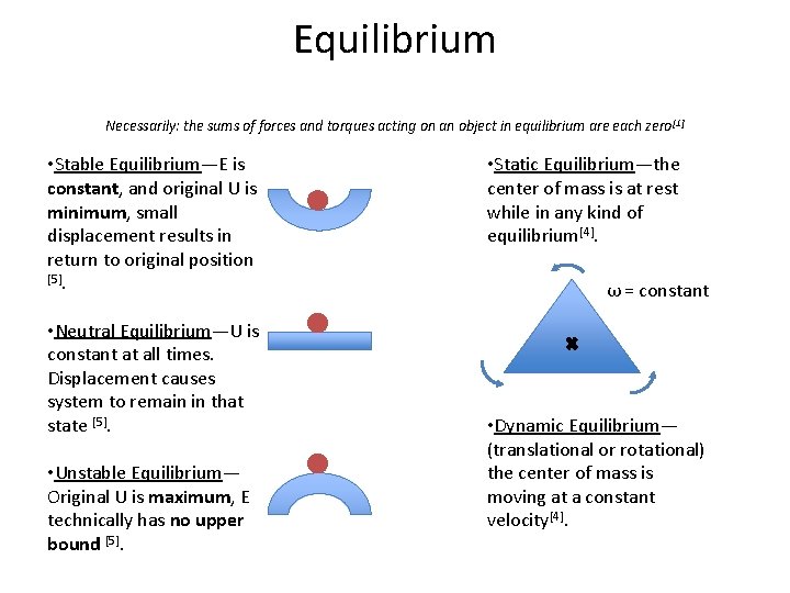 Equilibrium Necessarily: the sums of forces and torques acting on an object in equilibrium