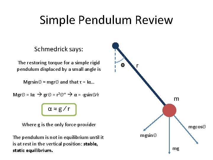 Simple Pendulum Review Schmedrick says: The restoring torque for a simple rigid pendulum displaced