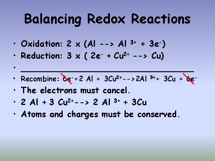 Balancing Redox Reactions • Oxidation: 2 x (Al --> Al 3+ + 3 e-)