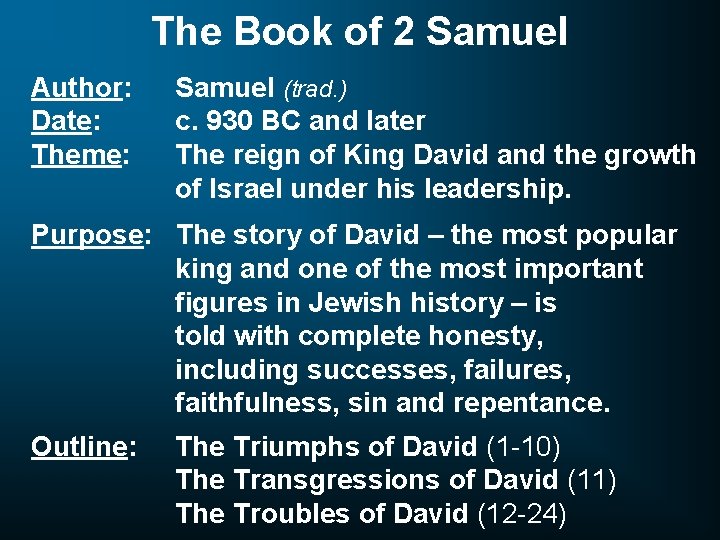 The Book of 2 Samuel Author: Date: Theme: Samuel (trad. ) c. 930 BC