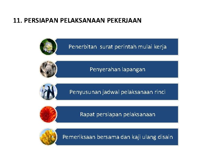 11. PERSIAPAN PELAKSANAAN PEKERJAAN Penerbitan surat perintah mulai kerja Penyerahan lapangan Penyusunan jadwal pelaksanaan